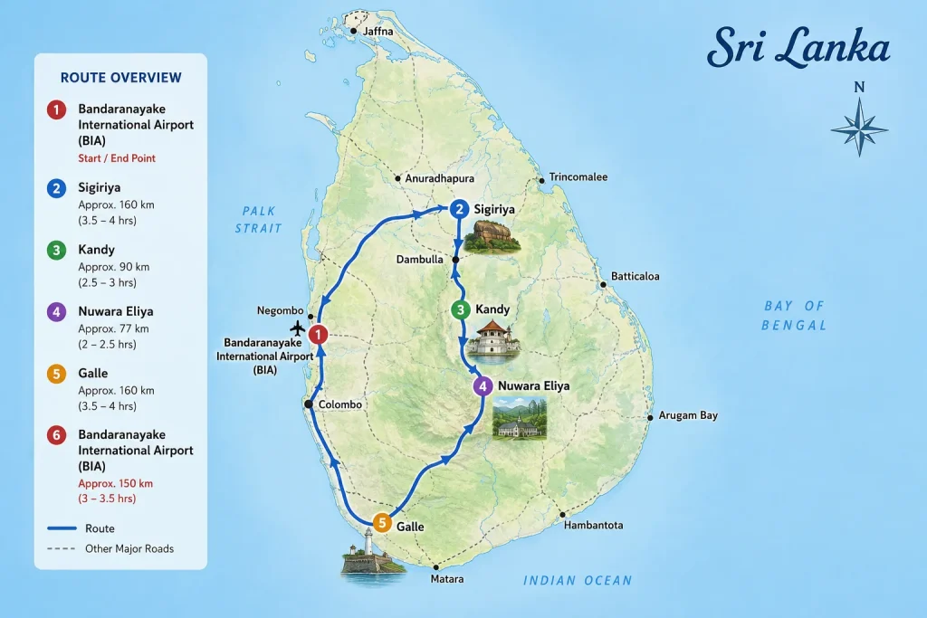 Route map of the 5-Day Hill Country & Southern Coast Escape tour in Sri Lanka, showing the journey from Bandaranaike International Airport to Kandy, Nuwara Eliya, Ella, Galle, and back to the airport.