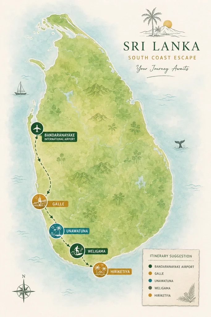 Map of Sri Lanka for 3-Day Southern Beach Bliss Package